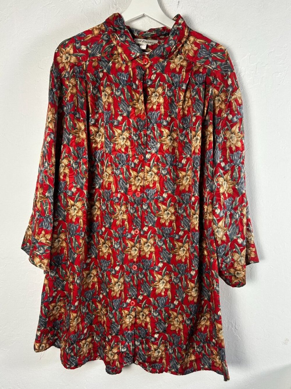 Vintage Carl Lawrence Womens Button-Up Red Floral Oversized Tunic Top 3/4 Sleeve